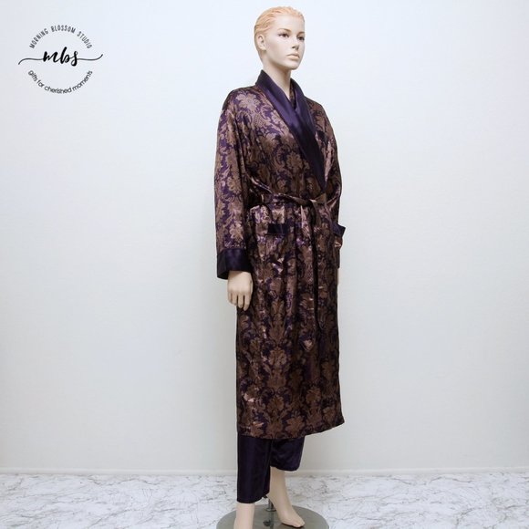 Design Studio Floral Brocade Pajama & Robe Set Tassel Tie in Purple Golden